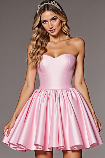 A Line Strapless Pink Satin Homecoming Dress With Bow